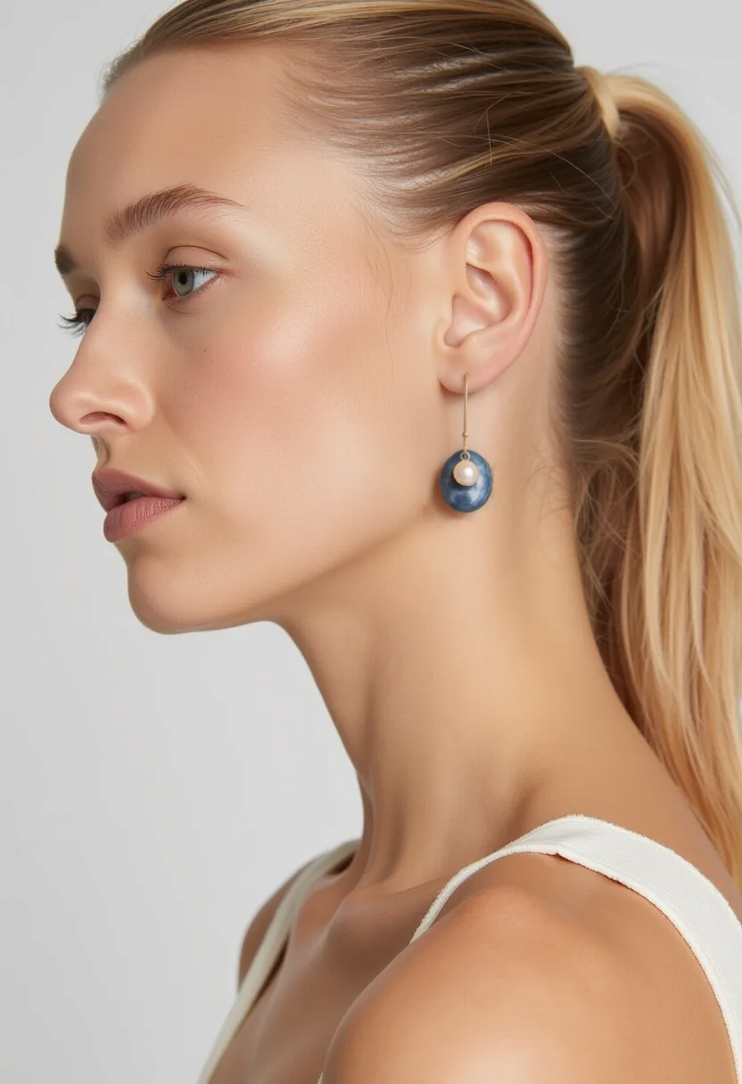 A blonde woman in a ponytail wears Rozenthal Jewelry’s Marée Earrings—single, blue, spherical, handmade earrings—paired with a white top. Her profile against a plain background highlights her unique taste for these lightweight, waterproof accessories.