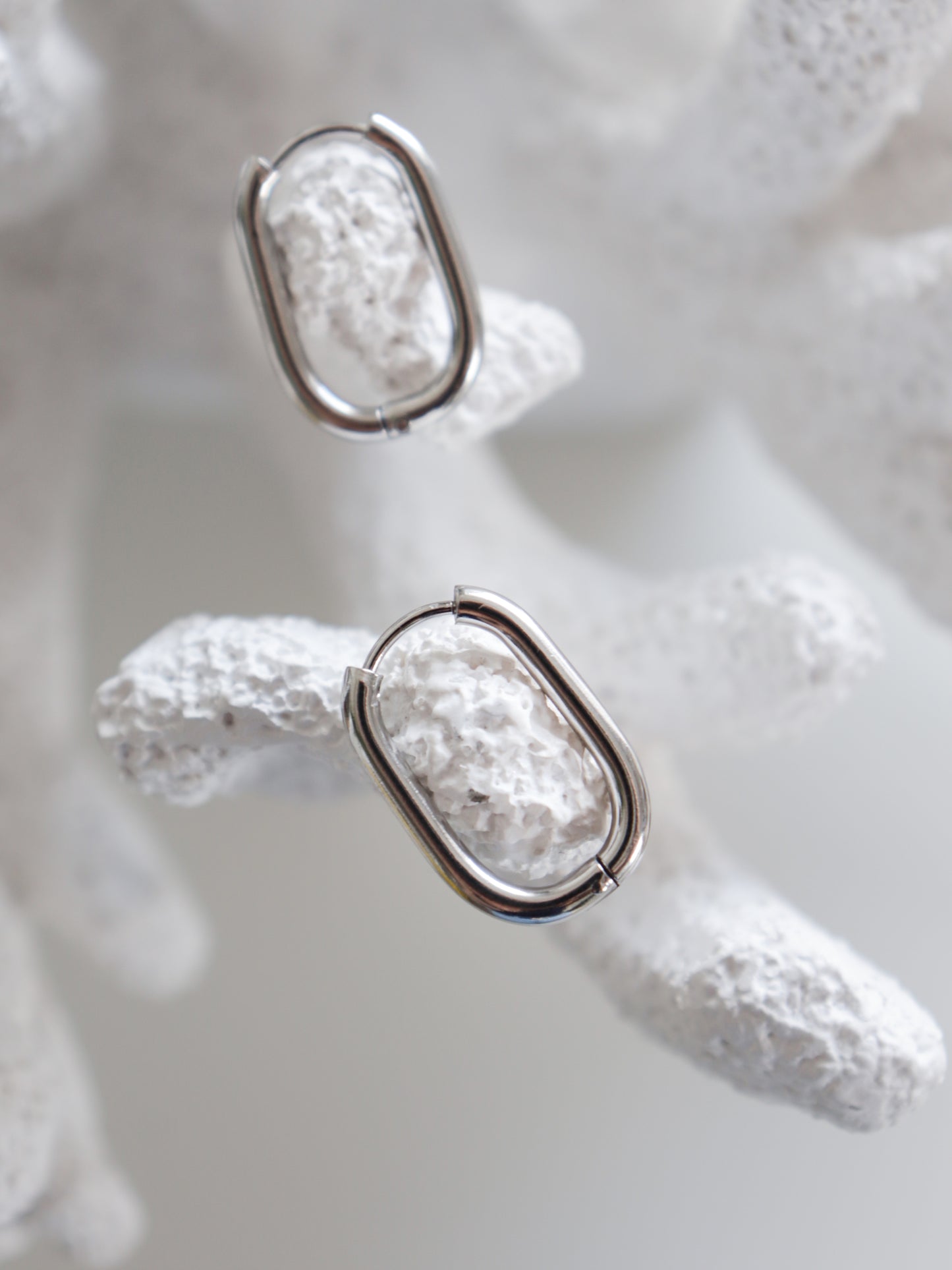 A pair of Rozenthal Jewelry Large Hoops—modern, hypoallergenic earrings with oval silver hoops and textured white stone centers—are displayed on a white coral branch background.