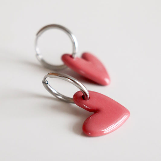 Pink heart shaped earrings with hypoallergenic silver hoops